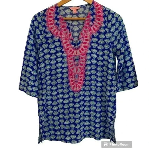 Lilly Pulitzer Womens Renato Silk Seashell Print Tunic Blouse - Picture 1 of 7